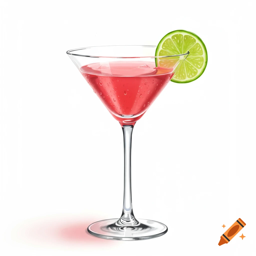 A pink cocktail in a martini glass with a lime slice on a white background.