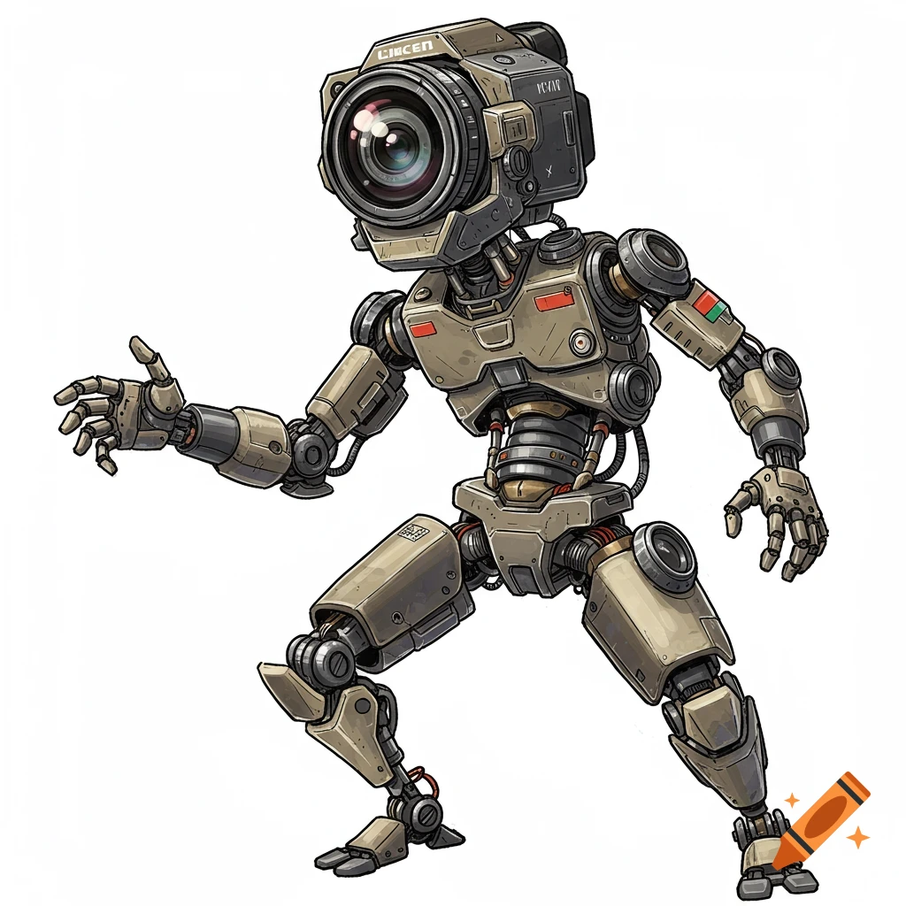 A digital illustration of a camera-headed robot in a dynamic pose against a white background.