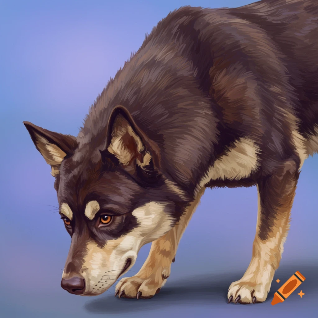 A brown and tan dog looking down.