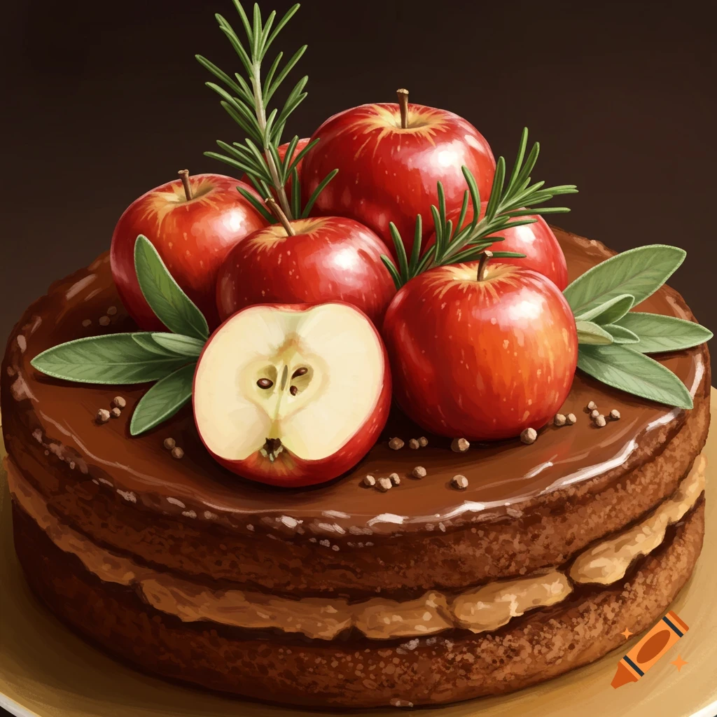 A chocolate cake decorated with red apples, rosemary, and sage.