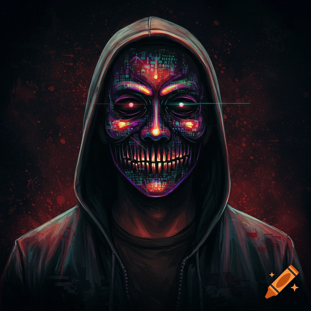 A person in a hoodie wearing a distorted digital mask with glowing eyes.