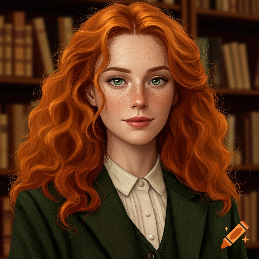 Painting of a woman with red curly hair and freckles in a library.