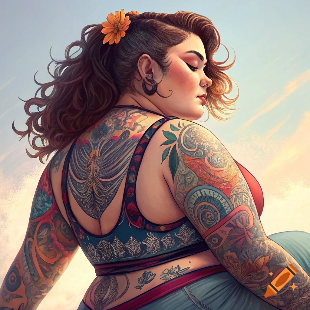 Illustrated portrait of a person with intricate tattoos on their back and arms, wearing a sports bra, looking away with a flower in hair.