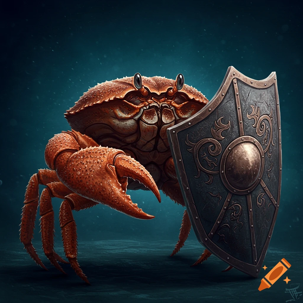 An anthropomorphic crab is holding a shield
