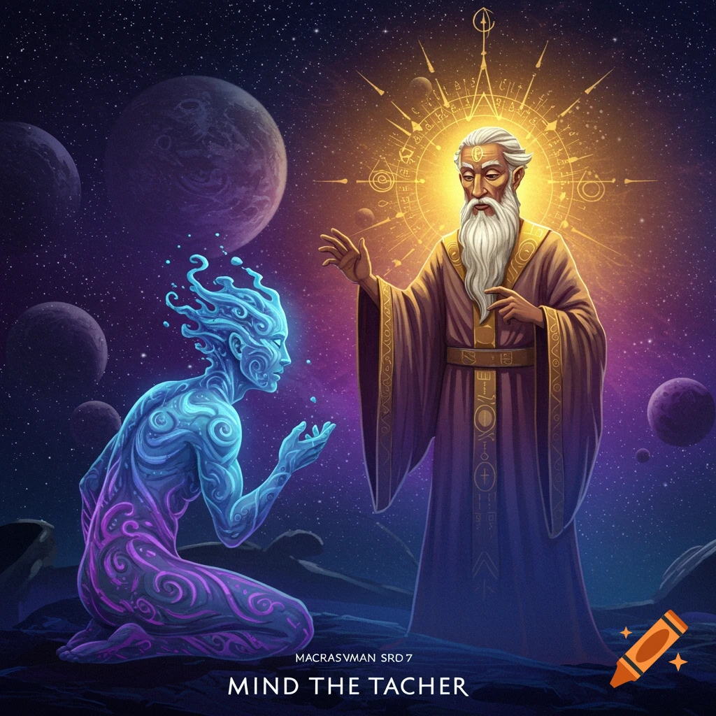 A wise man is teaching a glowing figure within a mystical space scene.
