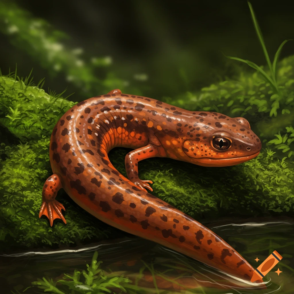 A spotted salamander on moss near water.