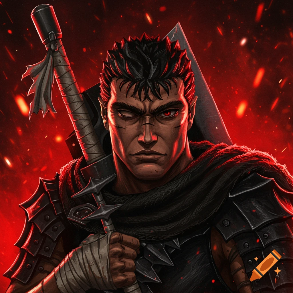 A close-up image of Guts from Berserk holding his sword, with red lighting and sparks.