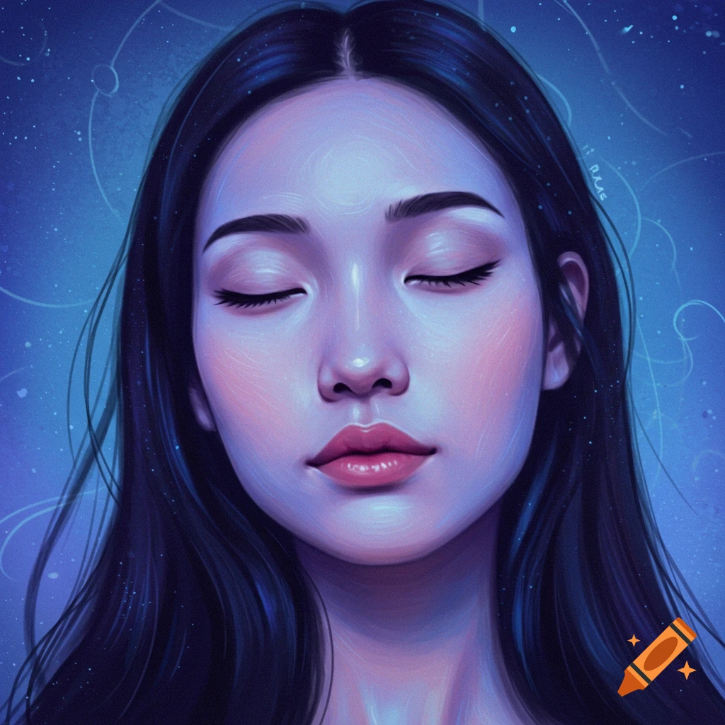 Portrait of a woman with closed eyes against a blue mystical background.