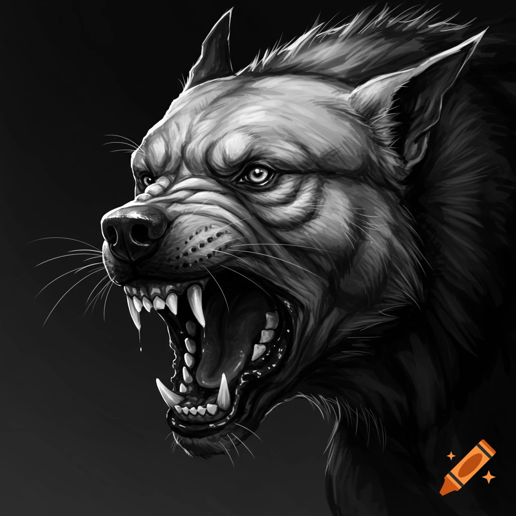 Black and white image of a snarling dog showing its teeth.