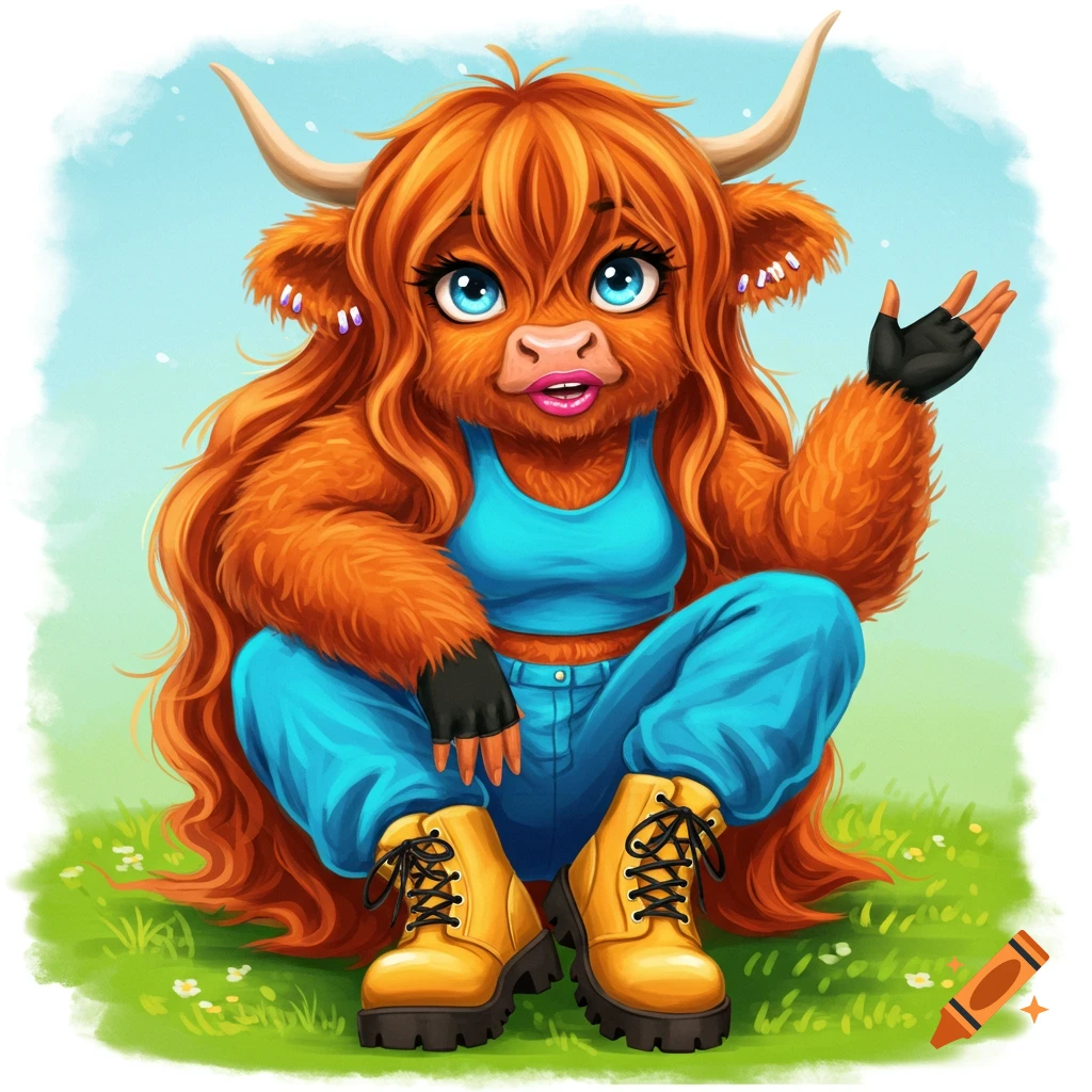 Anthropomorphic highland cow in blue crop top and pants, sitting on grass.