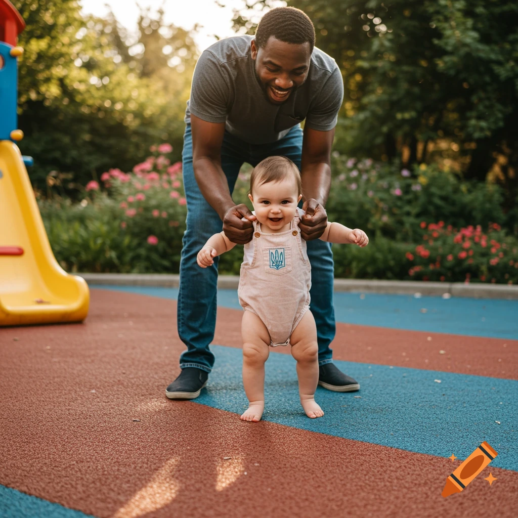 A father helps his baby take first steps on a playground.