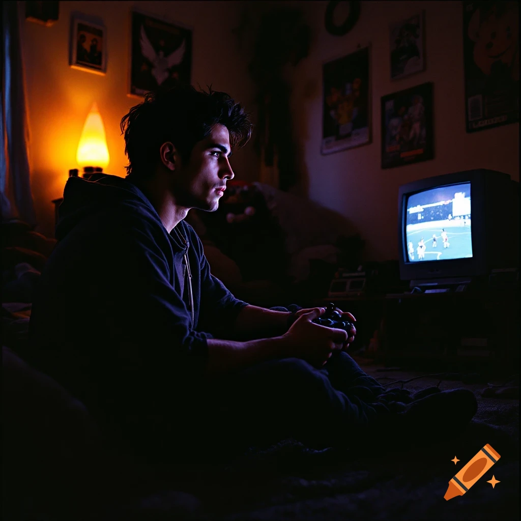 A young man plays a video game on a CRT TV in a dark, nostalgic 90s-style bedroom.