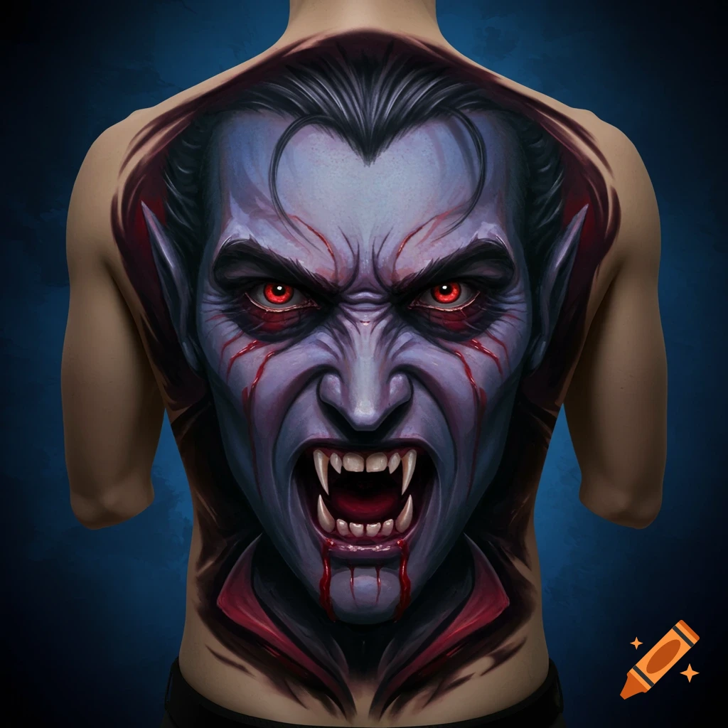 A vampire face tattoo on a person's back.