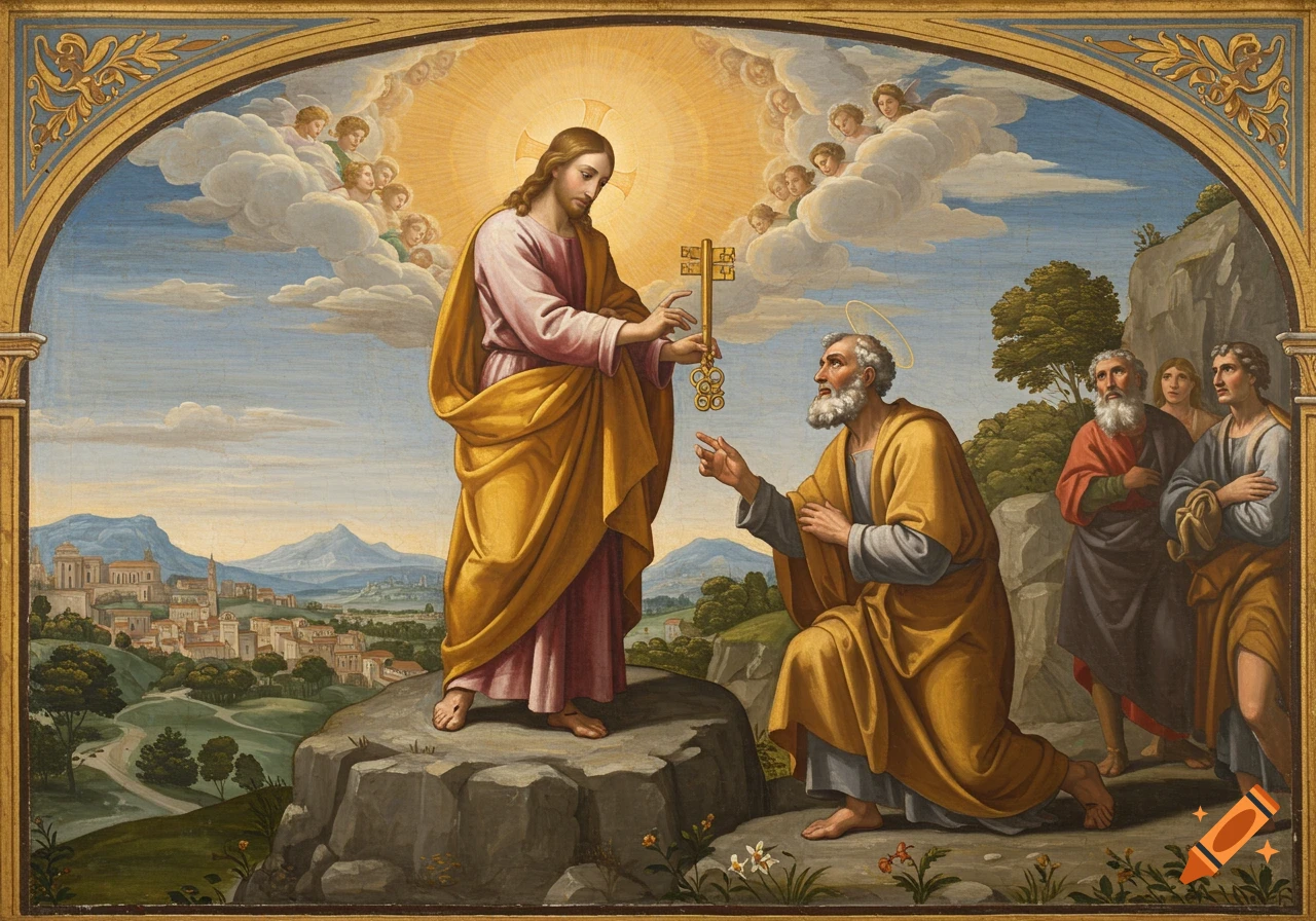 Painting of Jesus giving keys to Saint Peter kneeling on a rock, with other figures and angels present.