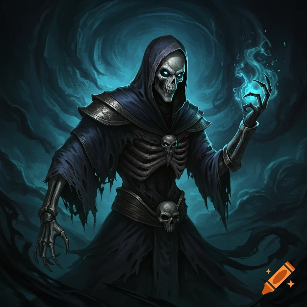 A skeletal figure in a dark robe holds a glowing blue orb of energy.