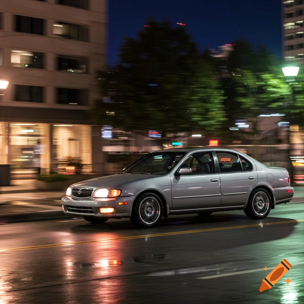 A silver sedan drives down a wet city street at night, with motion blur and reflections.
