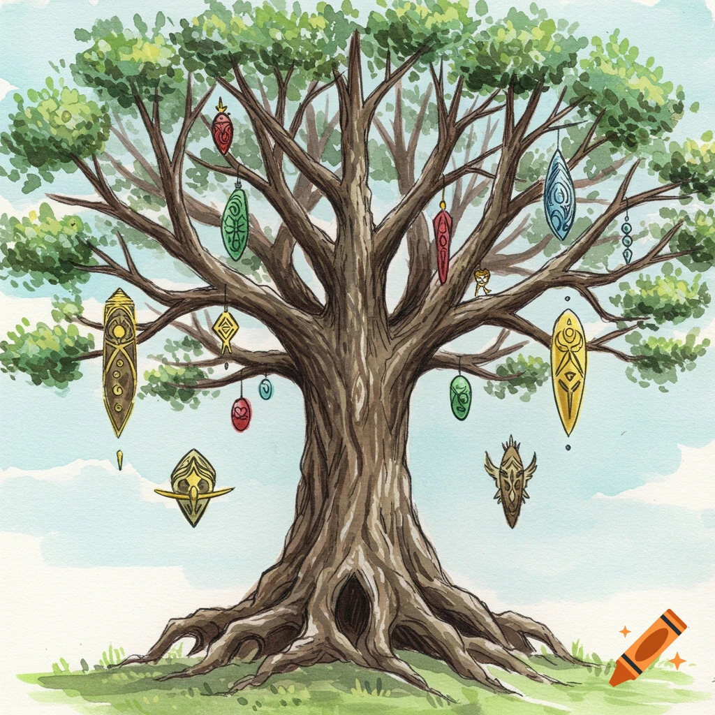 Watercolor illustration of a fantasy tree adorned with colourful, symbolic pendants.