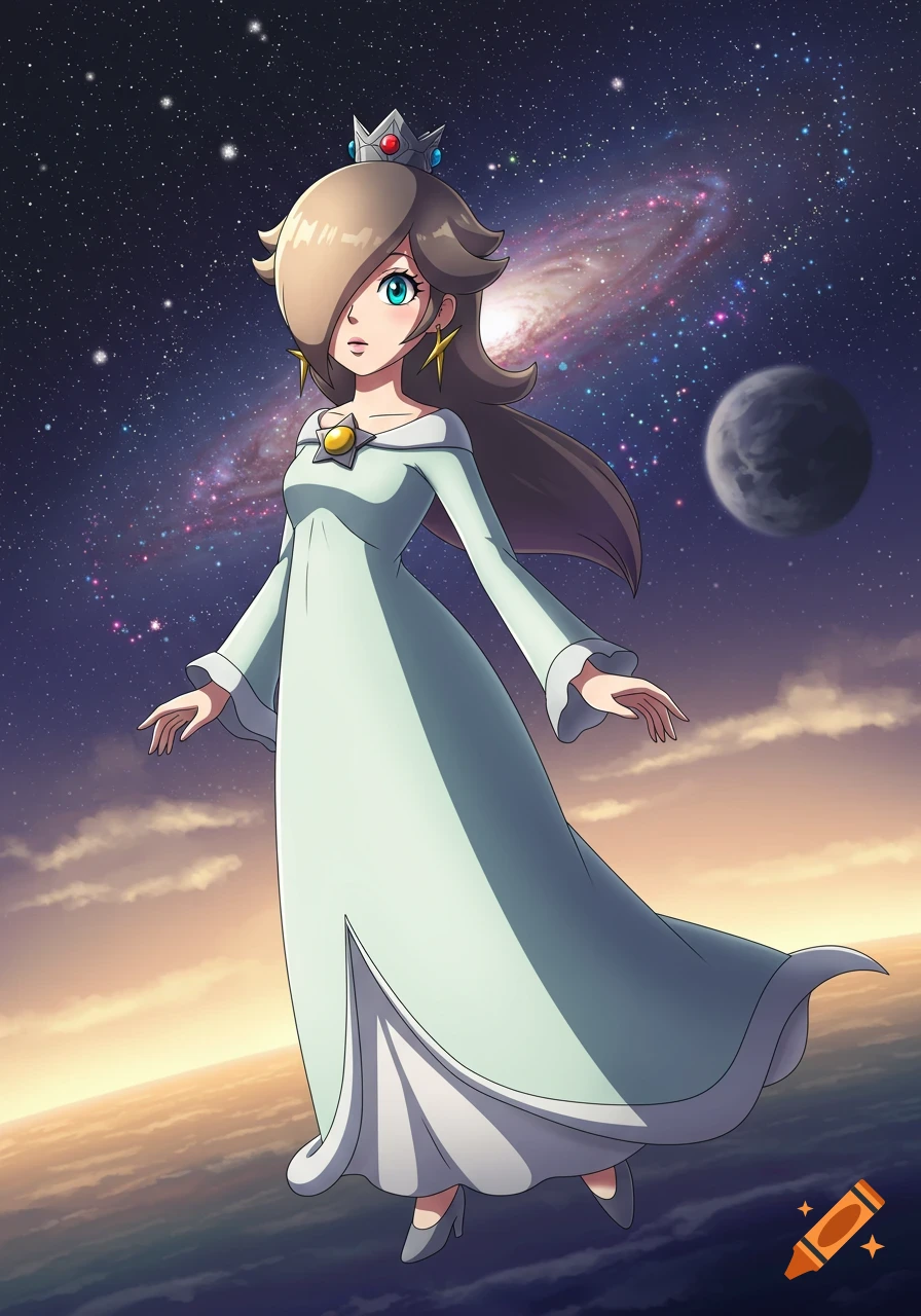 Anime illustration of Rosalina from the Mario series floating in space with a galaxy and planet.