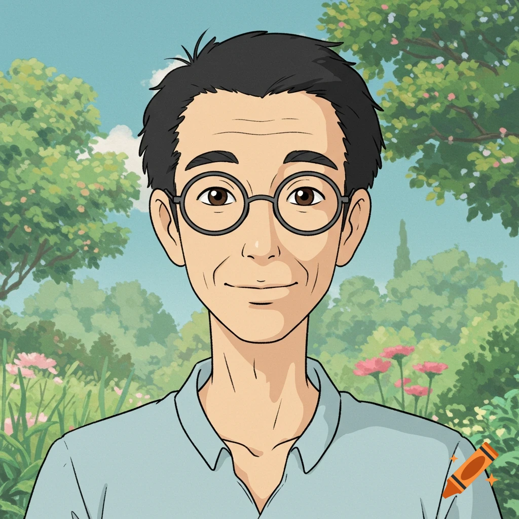 Studio Ghibli style cartoon portrait of a man with glasses smiling in a garden.