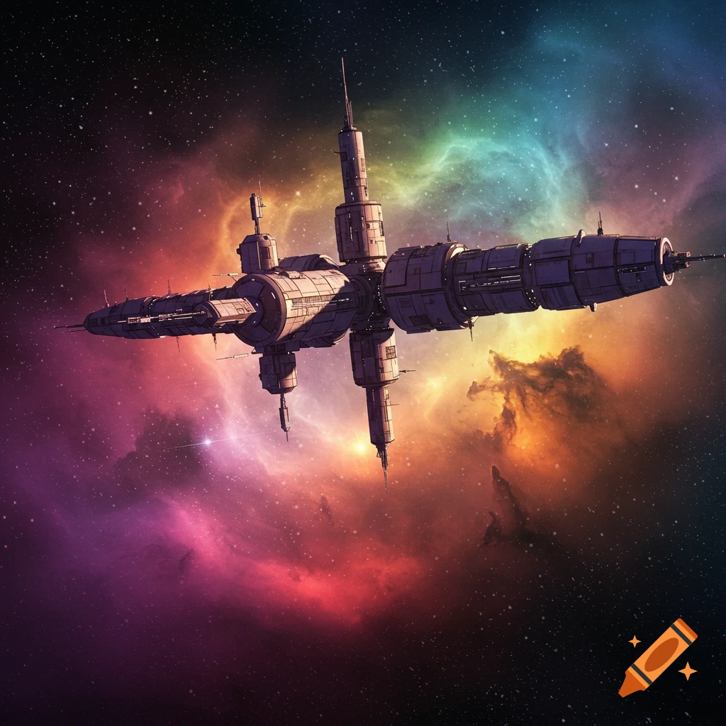 A futuristic space station in a colorful nebula.