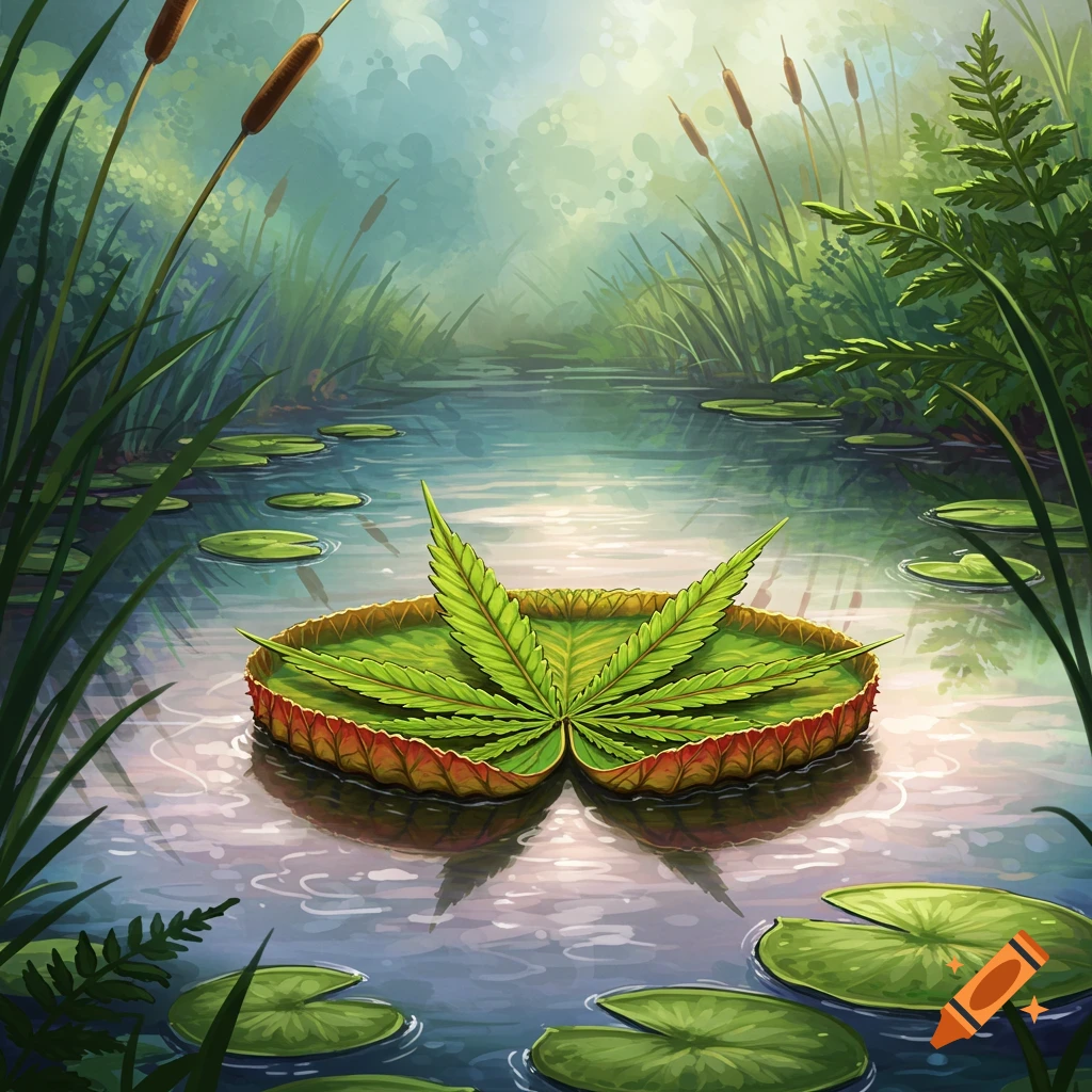 A cannabis leaf rests on a lily pad in a pond.