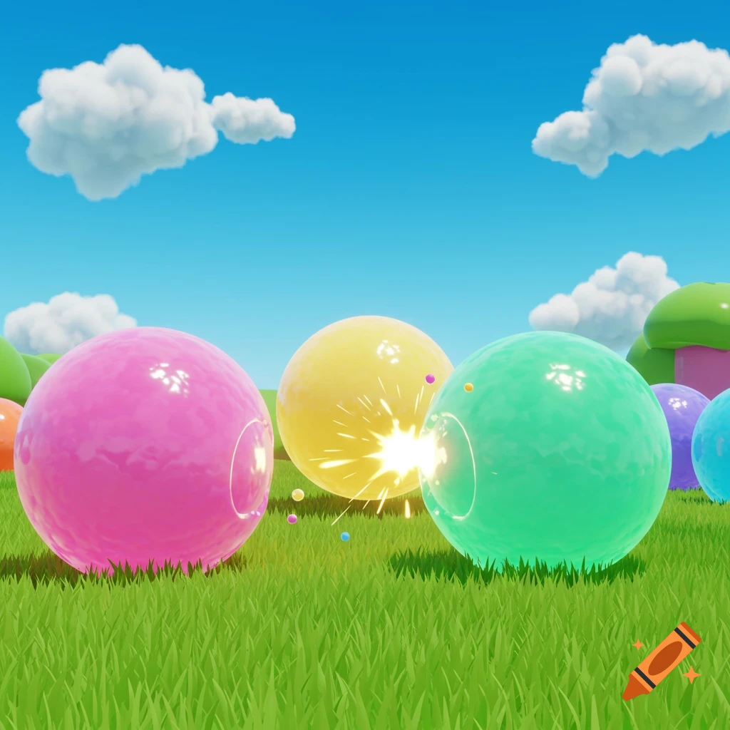Shiny colorful spheres on green grass colliding under a blue sky.