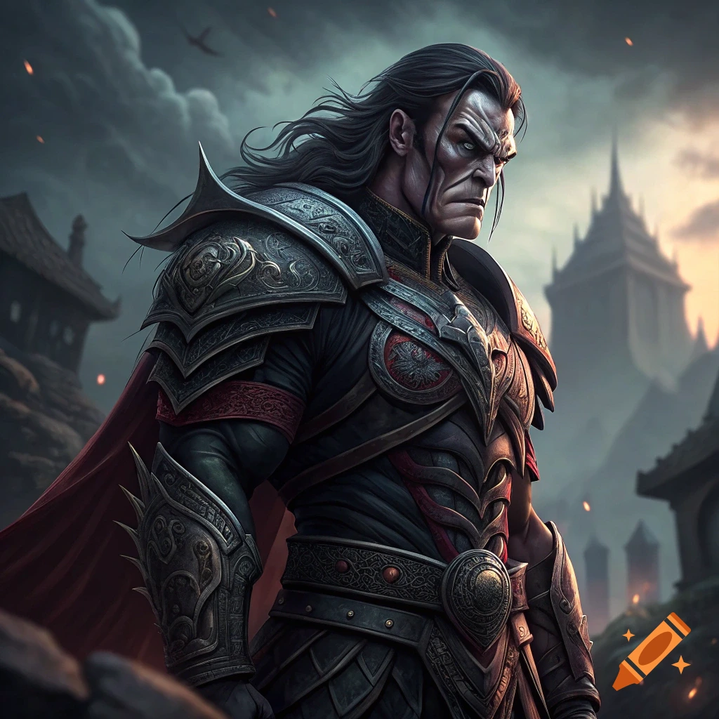 A stern-faced man with long dark hair and elaborate dark fantasy armor stands before a castle under a cloudy sky.