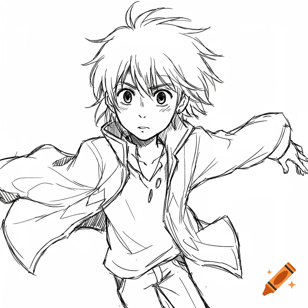 Black and white sketch of an anime character.