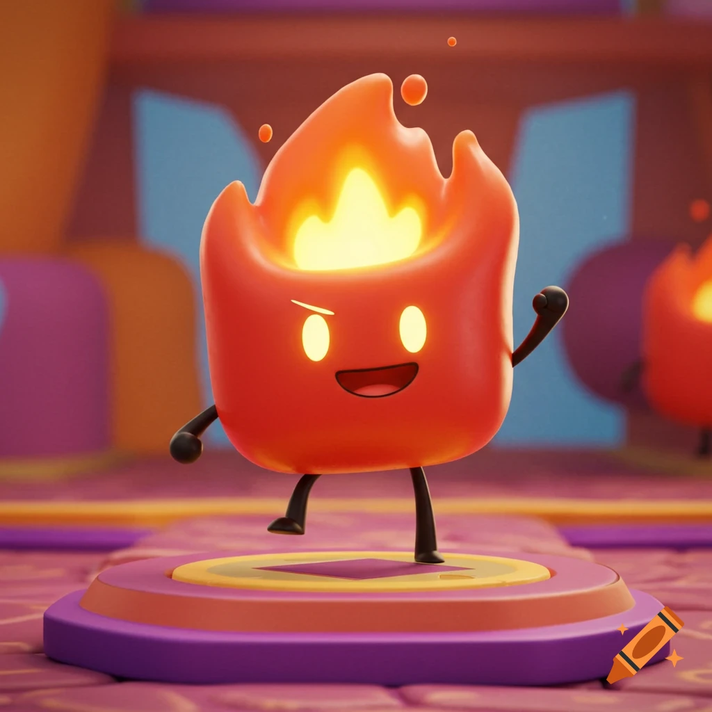 A cute, cube-shaped fire character stands on a platform in a colorful 3D cartoon setting.