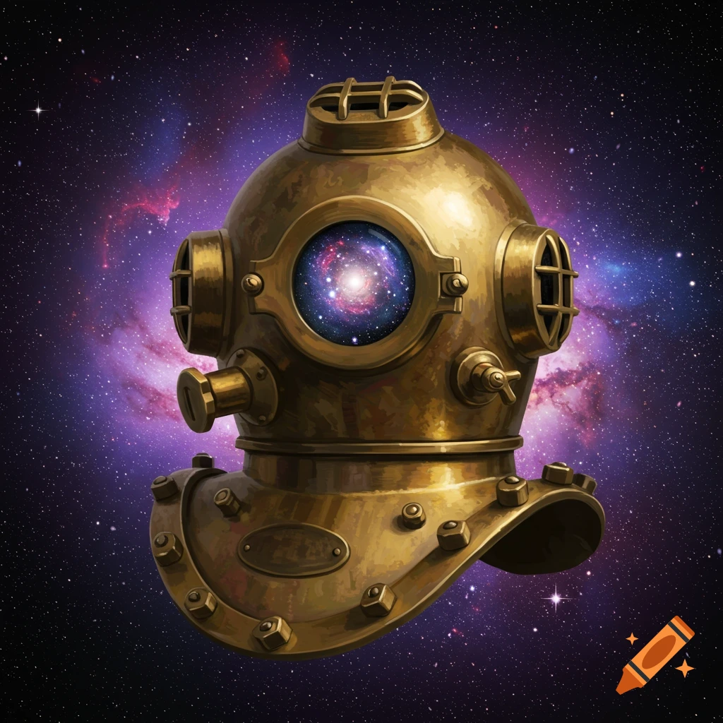Vintage dive helmet with a galaxy visible in the viewport, set against a starry space background.