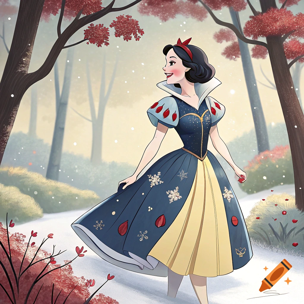 Stylized illustration of Snow White in a forest with snow, wearing a detailed blue and yellow dress.