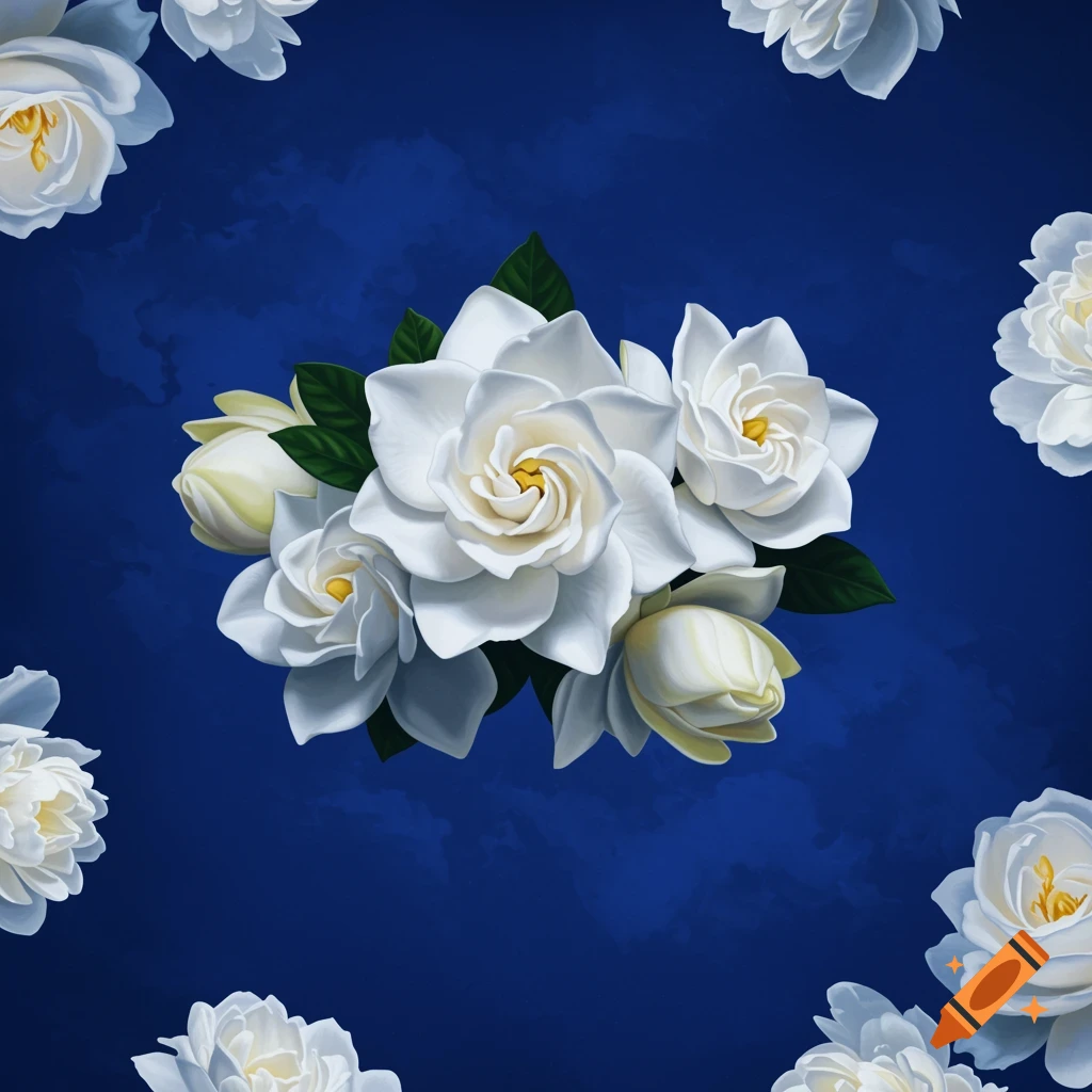 White gardenias and flowers on a royal blue background.