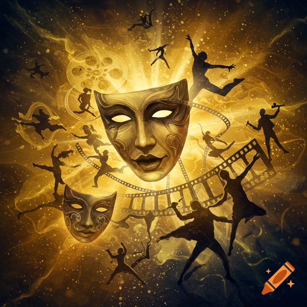 Symbolic image of theatrical masks, film reels, and silhouetted dancers and musicians in gold light.