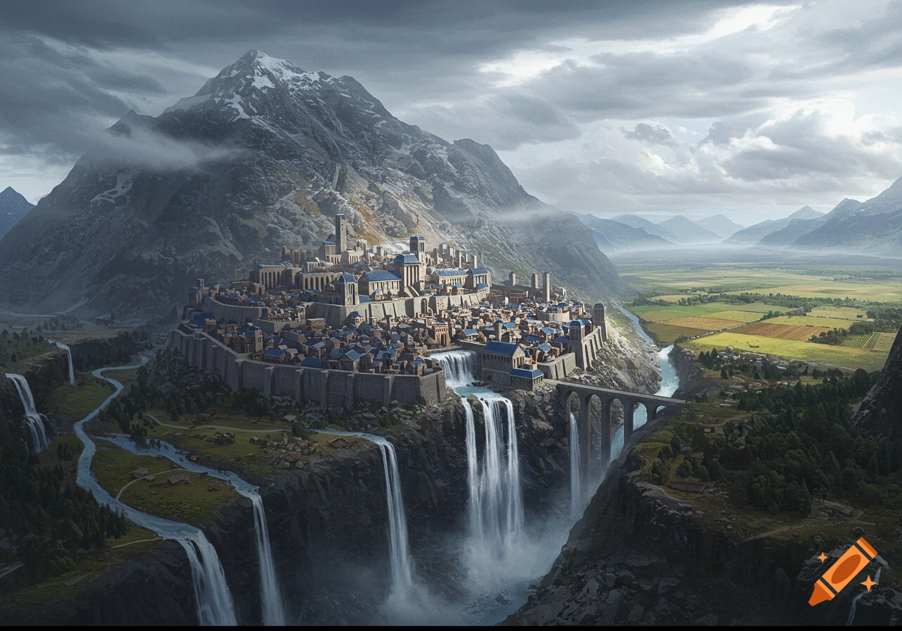 A fantasy city is built on a mountain slope above waterfalls and a valley.
