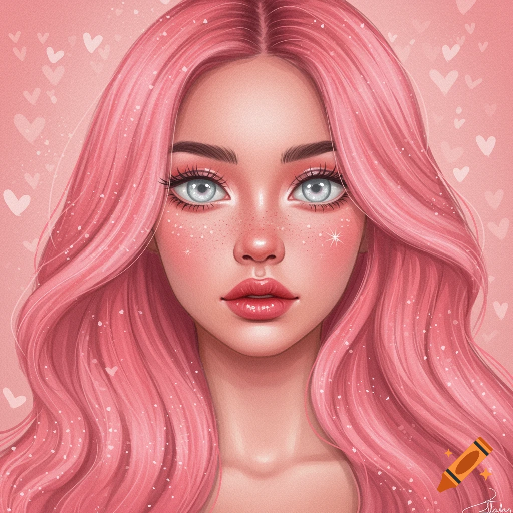 A girl with pink hair, blue eyes, and freckles is depicted in a whimsical style with heart shapes in the background.