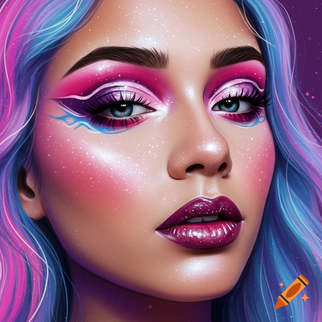 Close-up of a woman with vibrant pink and blue makeup and hair