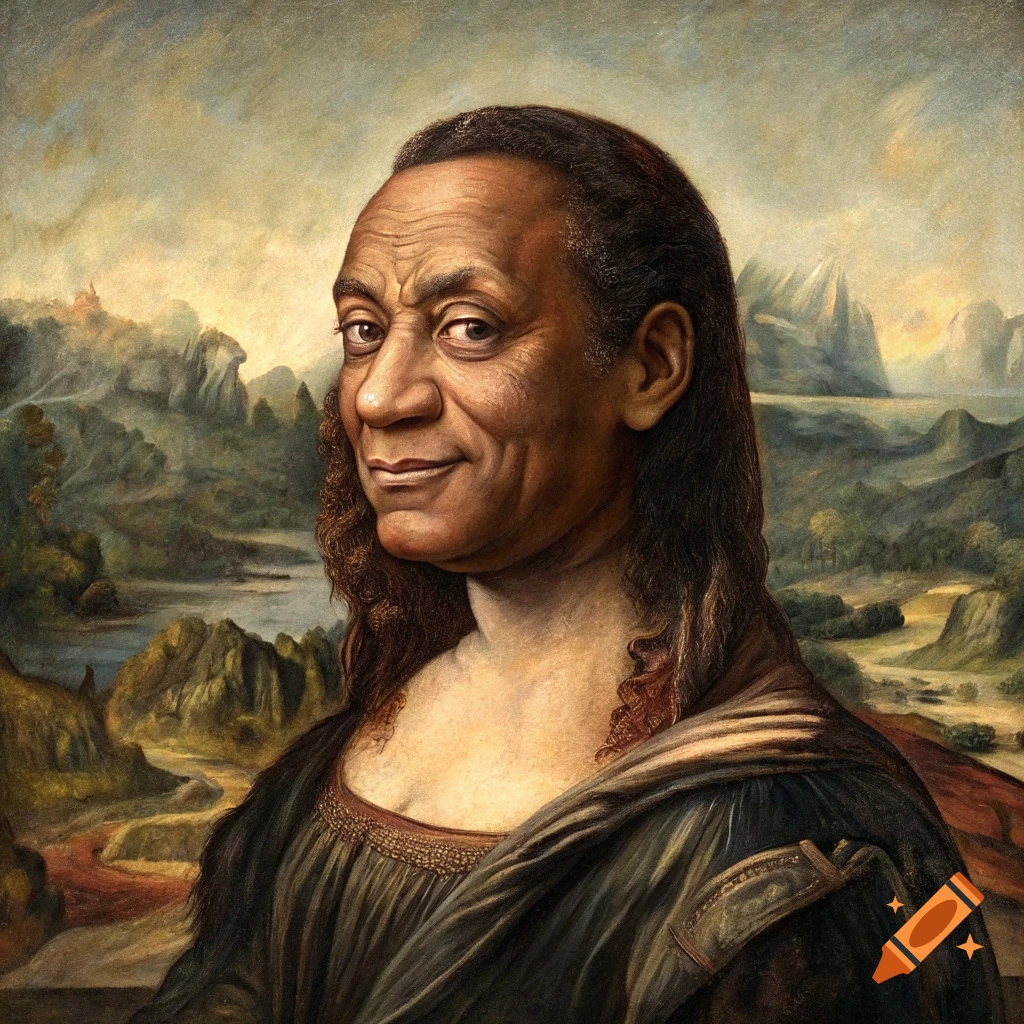 Portrait of Bill Cosby superimposed on the Mona Lisa painting.