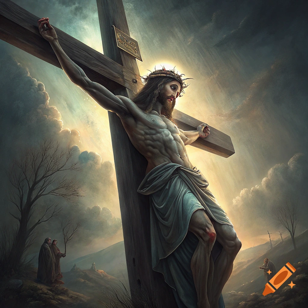 Painting of Jesus Christ on the cross under a dramatic sky, with figures in the background.