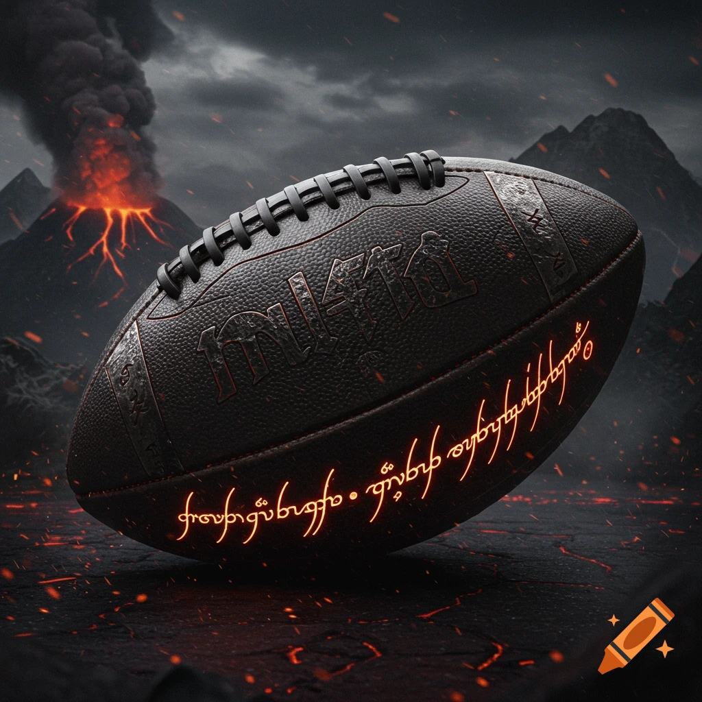 A black football with glowing red inscriptions, resembling the One Ring, sitting on volcanic rock with an erupting volcano in the background.