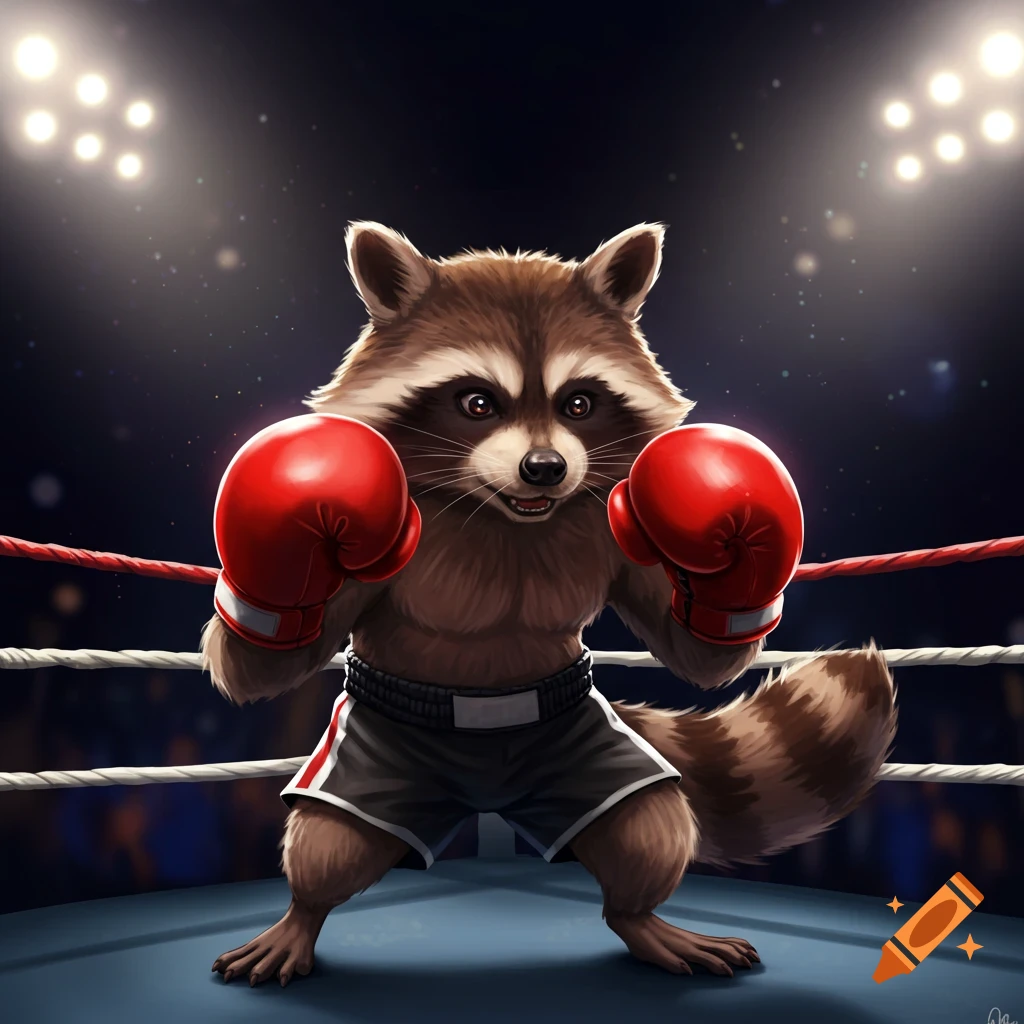 A cartoon-style raccoon wearing red boxing gloves stands in a boxing ring under spotlights.