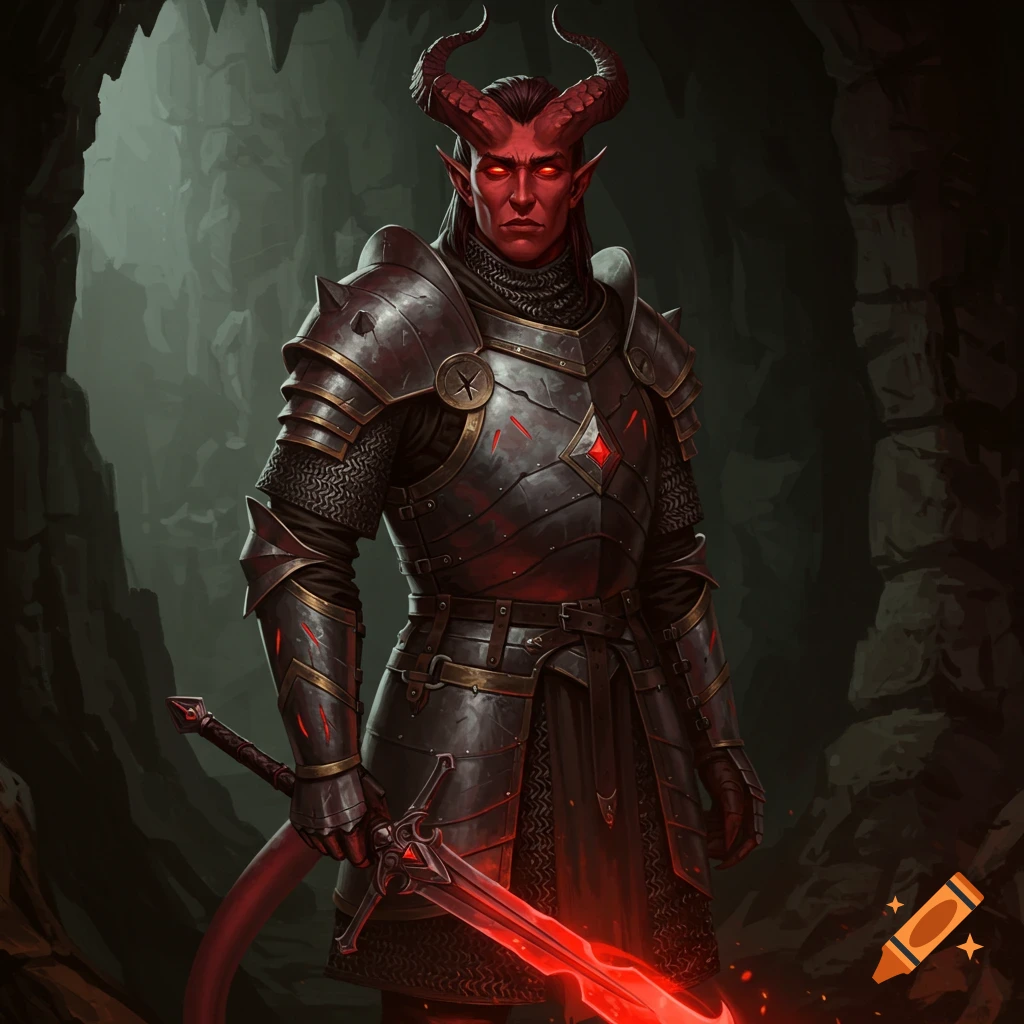 A red-skinned tiefling in dark armor holding a glowing red sword in a cave.