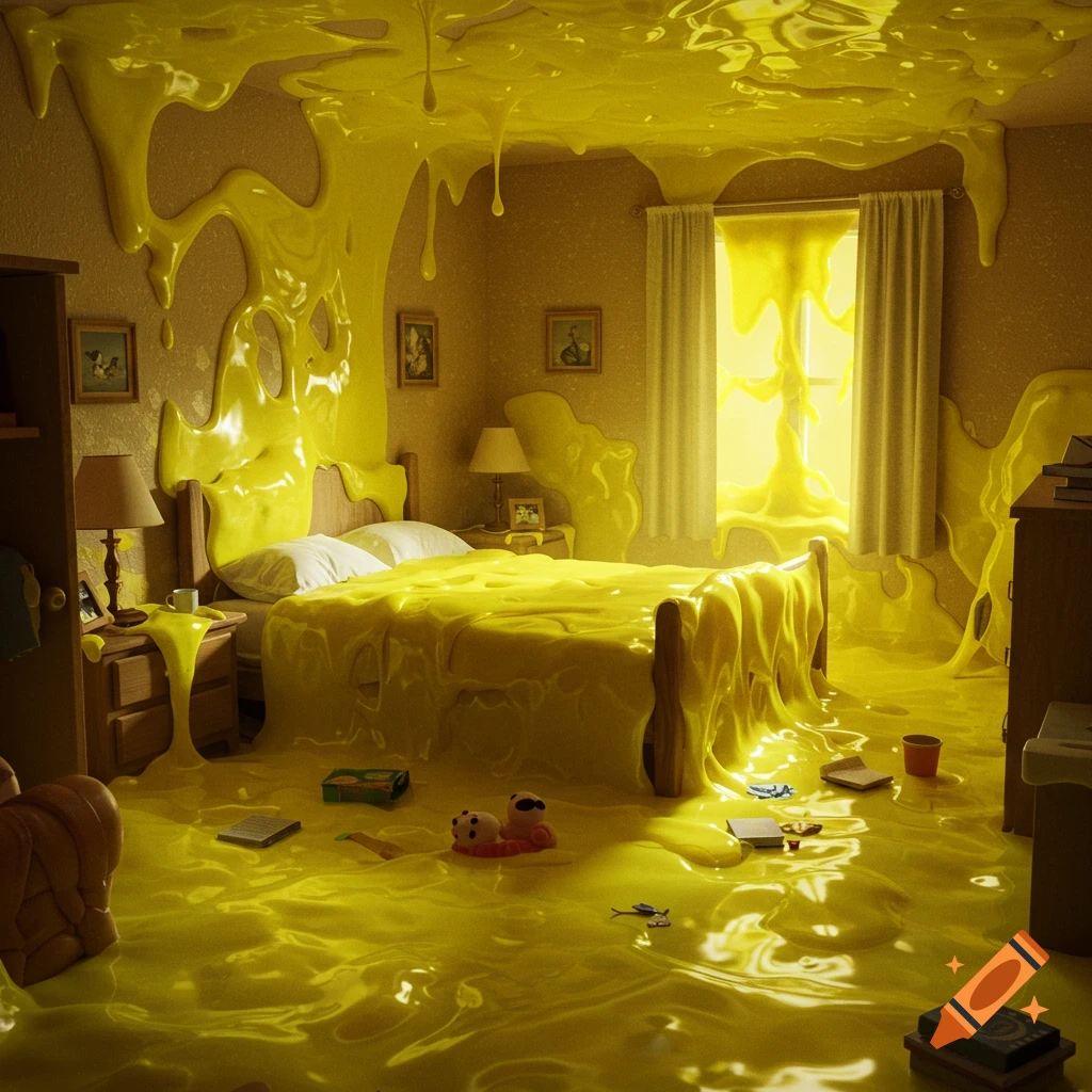 A bedroom completely covered in bright yellow goo