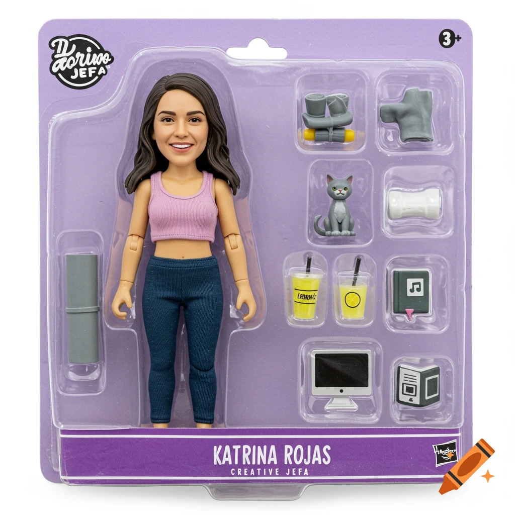 An action figure packaging featuring a woman figure and accessories including a cat, computer, and drinks.