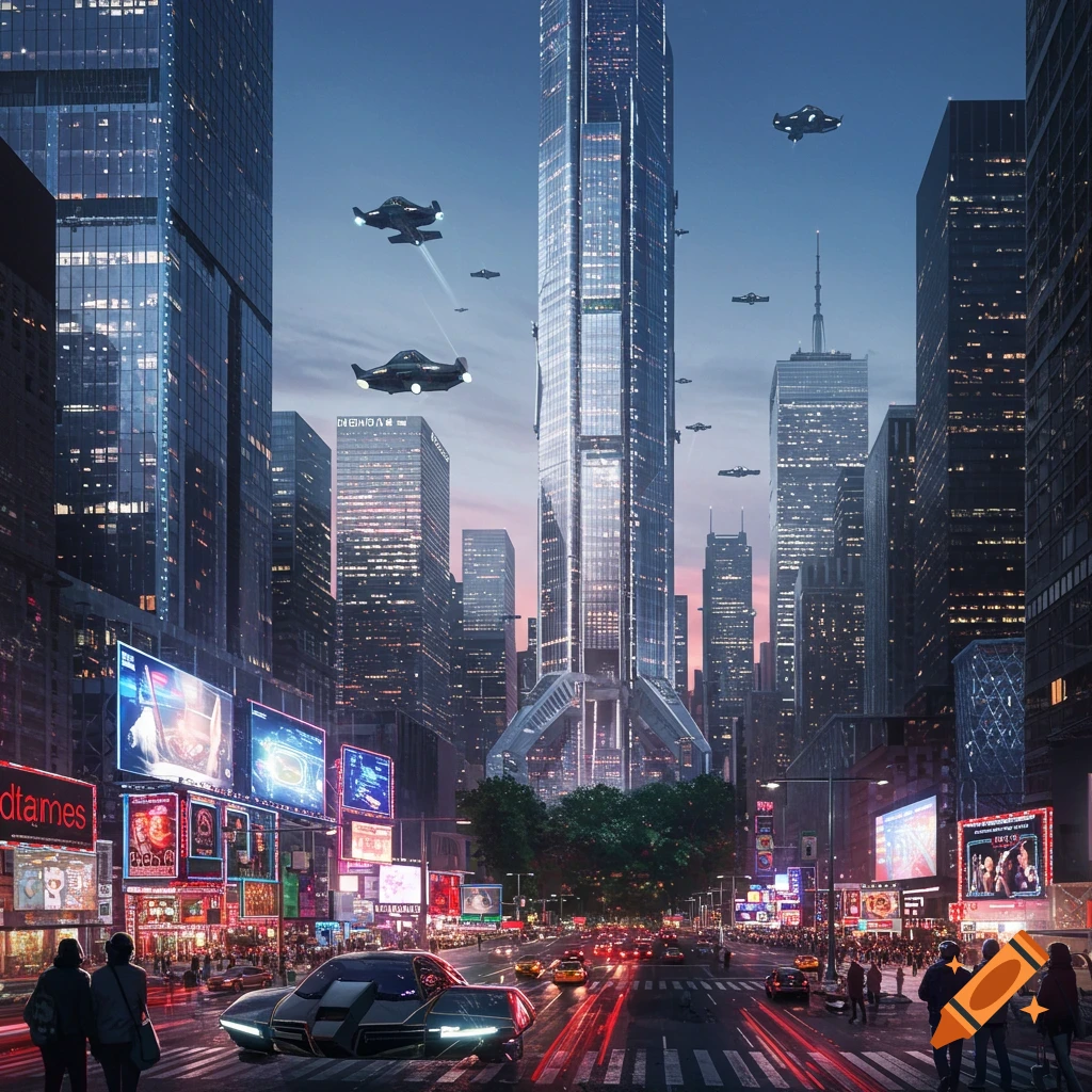 Futuristic New York City skyline at dusk with flying cars and neon billboards in Times Square.