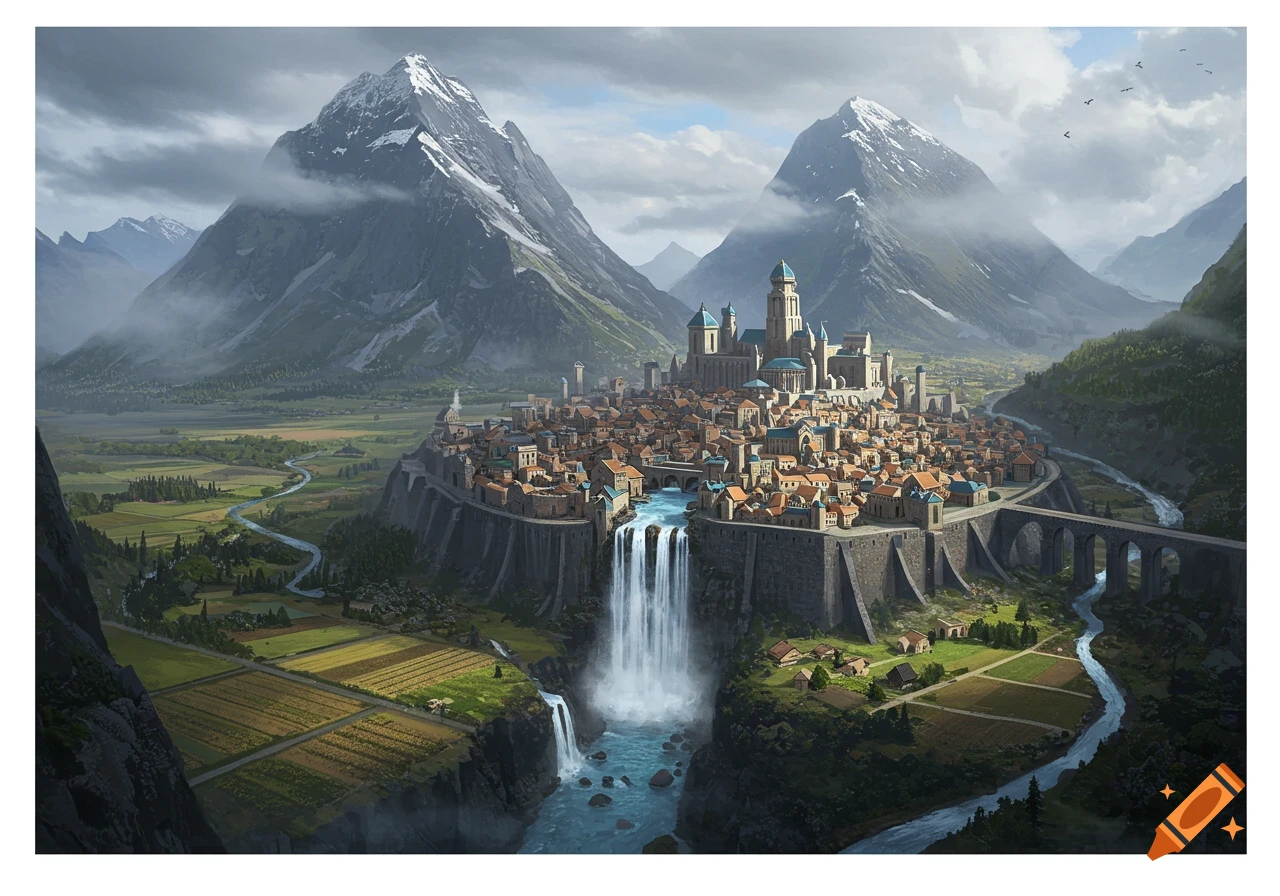a fantasy city with a waterfall on a cliff surrounded by mountains, farms, and forests.