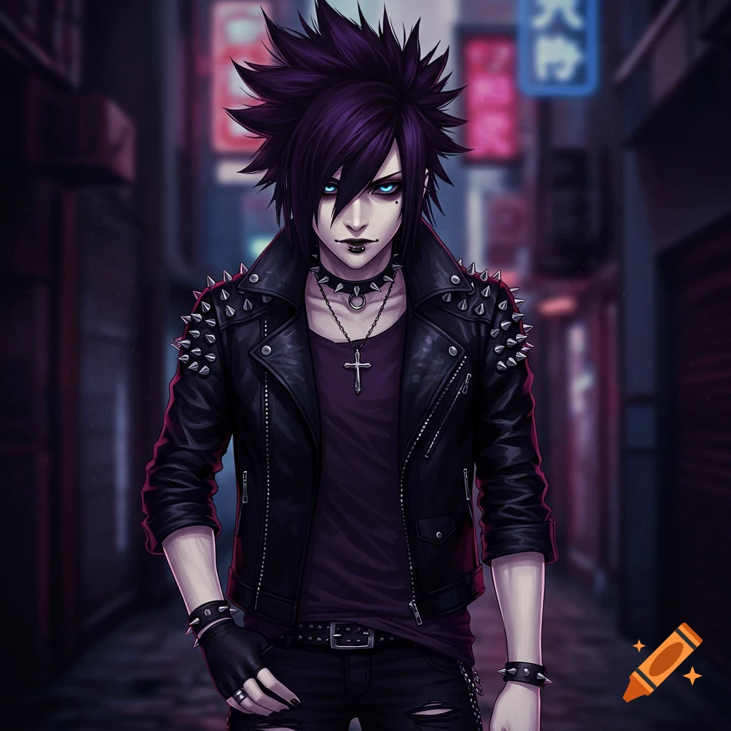 Anime-style character of a goth punk guy wearing a leather jacket in an alley.