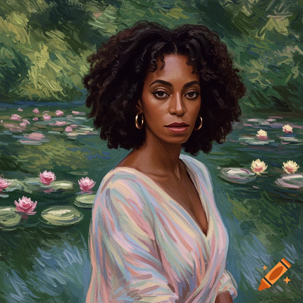 A garden scene in the style of Monet features a woman in a pastel dress surrounded by water lilies.