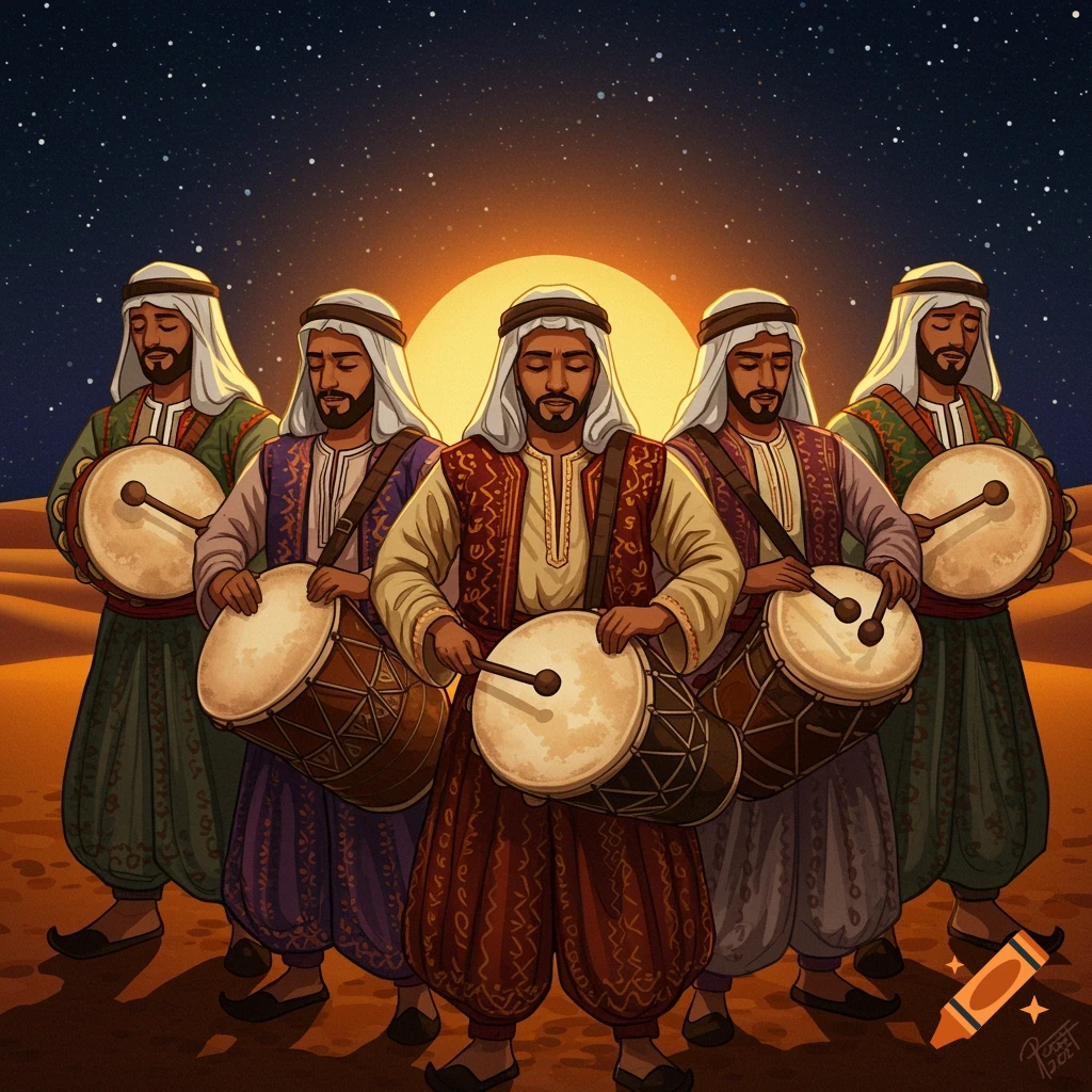 Five men in traditional Middle Eastern attire play drums in a desert at night.