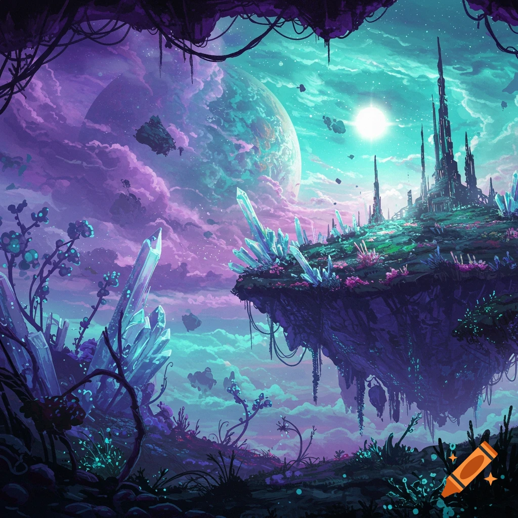 A fantasy floating island city with crystals under a large planet in a purple and teal sky