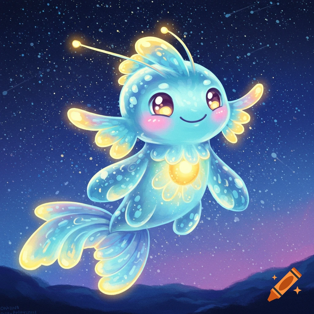 Cute blue glowing creature floats in starry night sky.